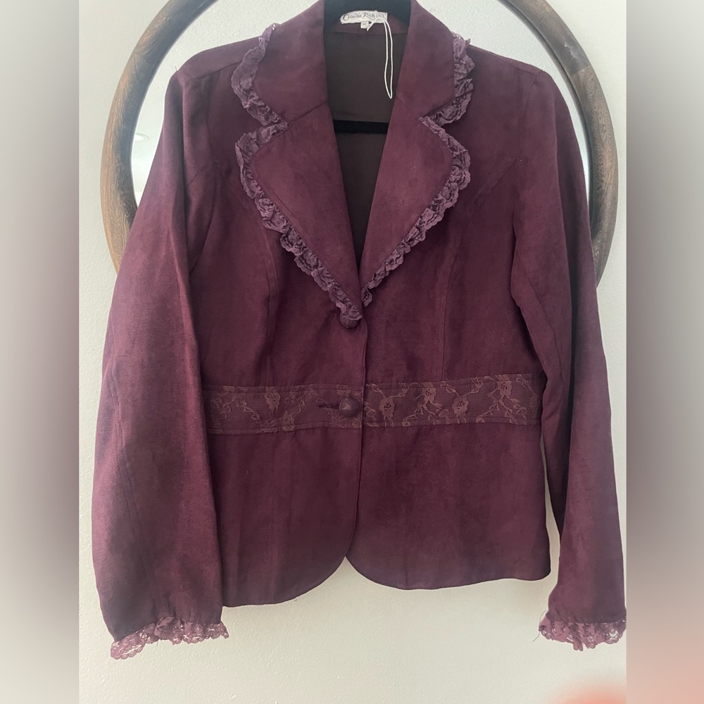 Claudia Richard Velvet Lace-Trim Blazer in Deep Berry